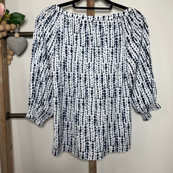 Halston 3/4 Sleeve Blue White Blouse Petite Size Small - Picture 6 of 7